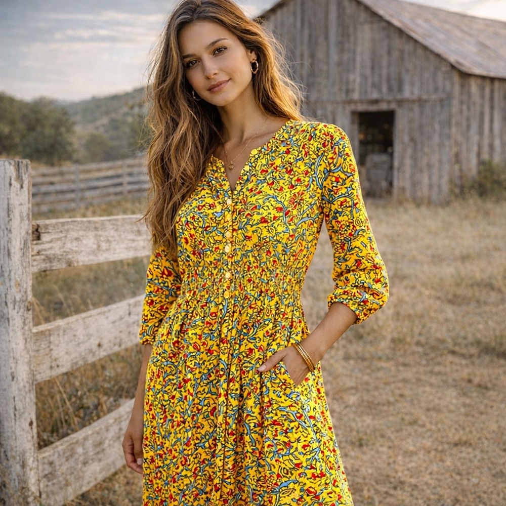 Fair Trade ECOVERO Floral Paisley Midi Dress pockets M Yellow Artisan Boho Flowy